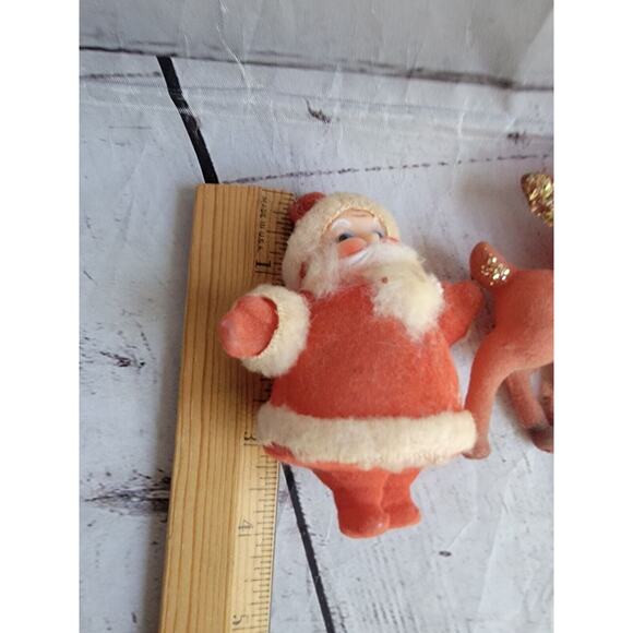 Vintage Flocked Santa Claus 2deer Figuresgold Glitter Made Hong Kong READ - Picture 5 of 11